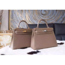 Hermes Kelly 25cm Borsa in pelle di vitello Epsom cucita a mano hardware in palladio, Etoupe CK18 RS03907