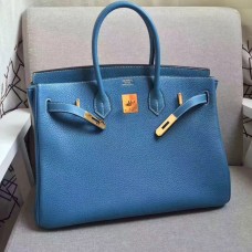 Hermes Birkin 35cm pelle bovina vena Borse blu oro