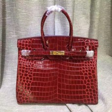 Hermes Birkin 35cm Borsa a mano in pelle di coccodrillo rosso scuro oro