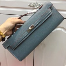 Pochette Hermes Kelly Cut 31cm In Pelle Epsom Grigio Blu