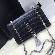 YSL Borsa a catena con nappe 22 cm Cocco nero argento