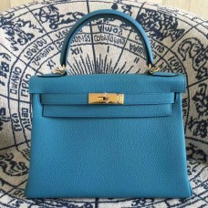 Hermes Kelly 28cm Borsa Togo Pelle Blu Oro