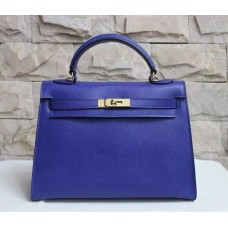 Hermes Kelly 32cm Borsa a mano in pelle Epsom blu elettrico oro