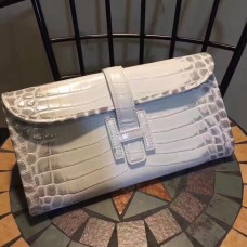 Hermes Jige Clutch 29cm Croco Bianco Grigio